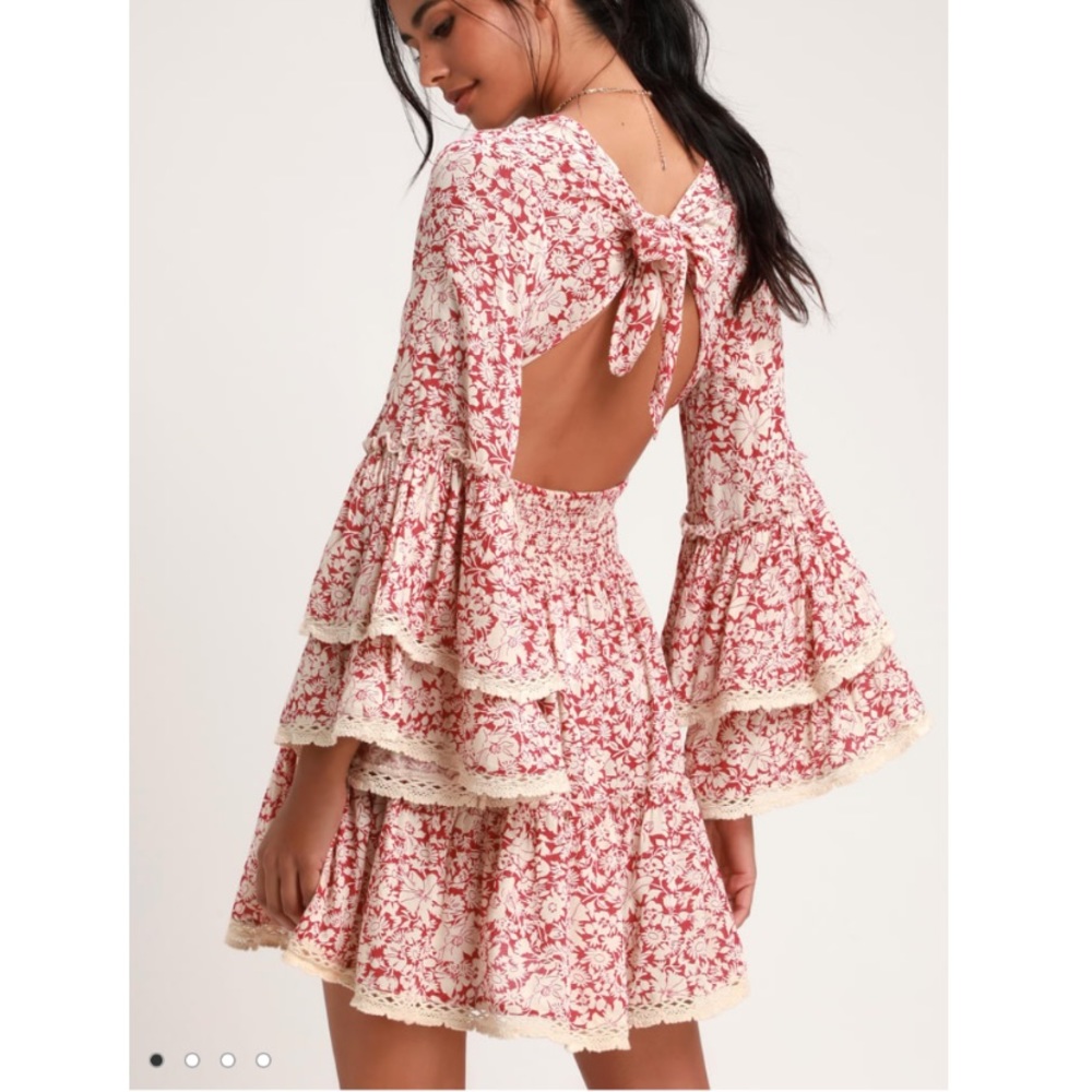 Free People “Kristall berry” floral bell sleeve mini dress